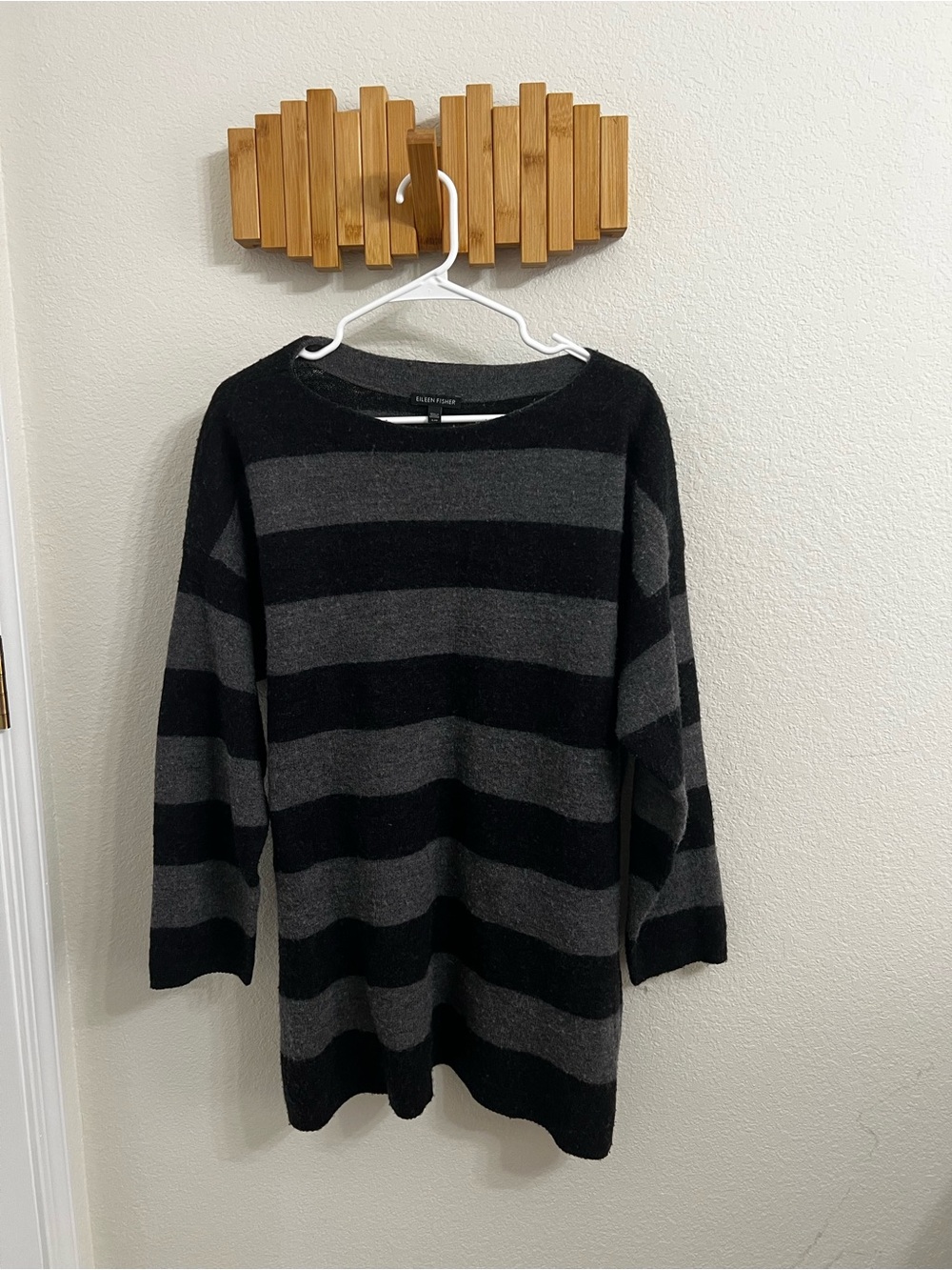 Eileen Fisher Black and Gray Wide-Stripe Knit Sweater